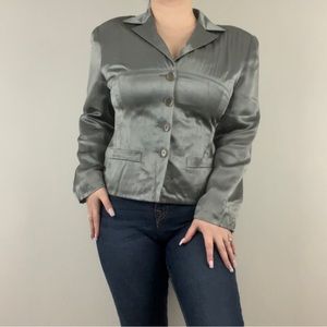 BEBE Vintage Y2K Silver Grey Satin Button Up V Neck Collared Blazer Jacket
